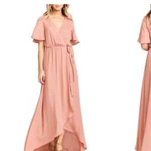 Blush pink high low, evening gown, wrap dress